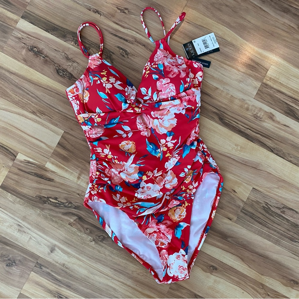 Ralph Lauren slimming one piece swim suit size 8* red floral